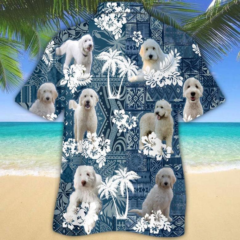 White Goldendoodle Hawaiian Tropical Plants Pattern Blue And White All Over Printed Hawaiian Shirt, Farm Hawaiian Shirt, Farmer Hawaii