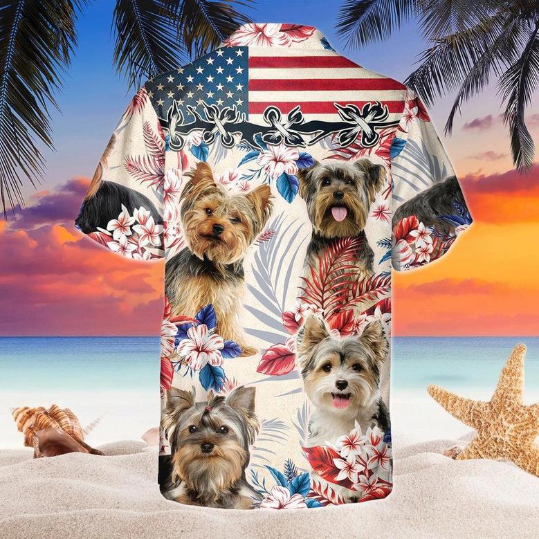 Yorkshire Terrier Dog United States Flag Hawaiian Flowers All Over Printed Hawaiian Shirt, Farm Hawaiian Shirt, Farmer Hawaii