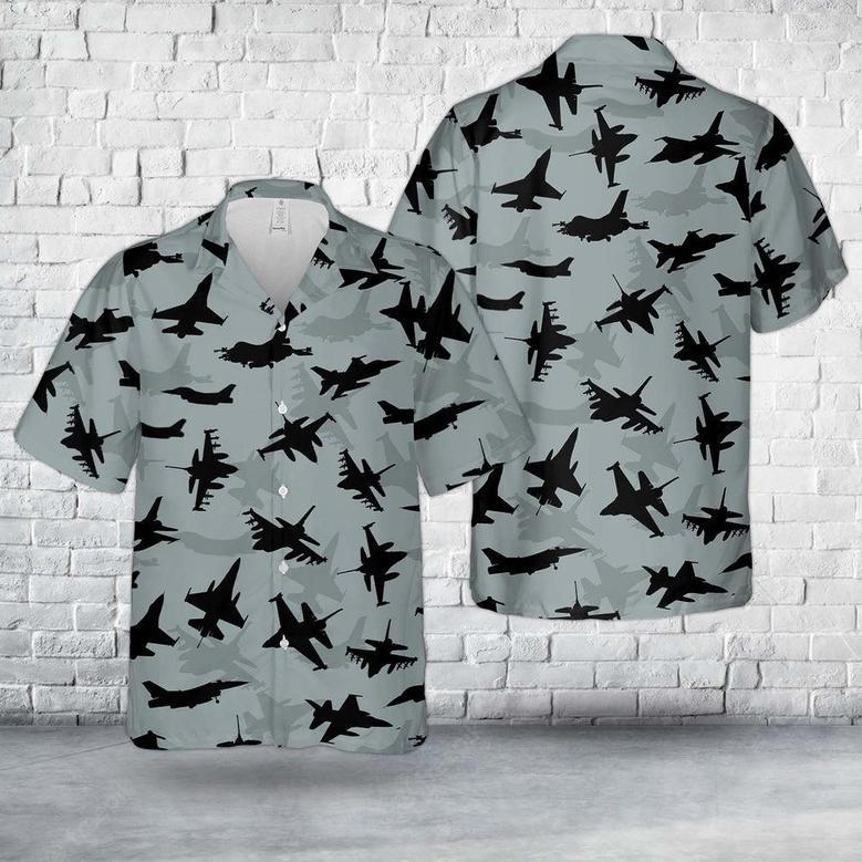 Air Force Hawaiian Shirt, Us Air Force General Dynamics Fighting Falcon Aircraft Silhouettes Hawaiian Shirt, Air Force Aloha Shirt