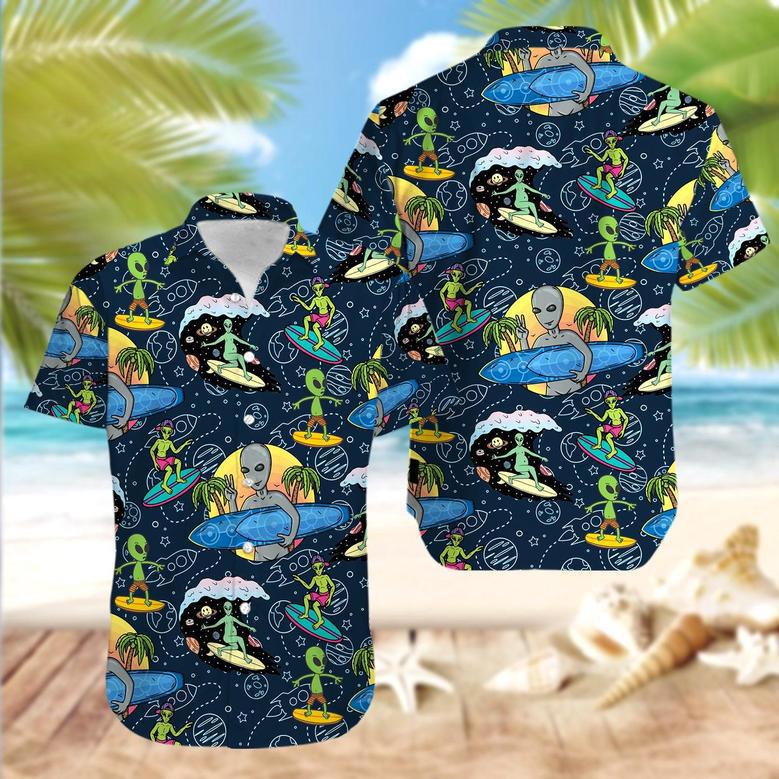 Alien Surfing, Alien Button Funny Unisex Hawaiian Aloha Shirt