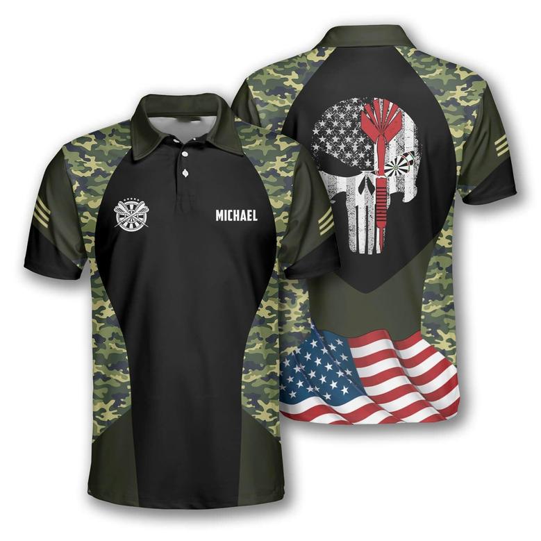 All Over Print Dart Camo Polo Shirt, Skull Camo Pattern Camouflage Dart American Flag Shirt, Flag Shirt