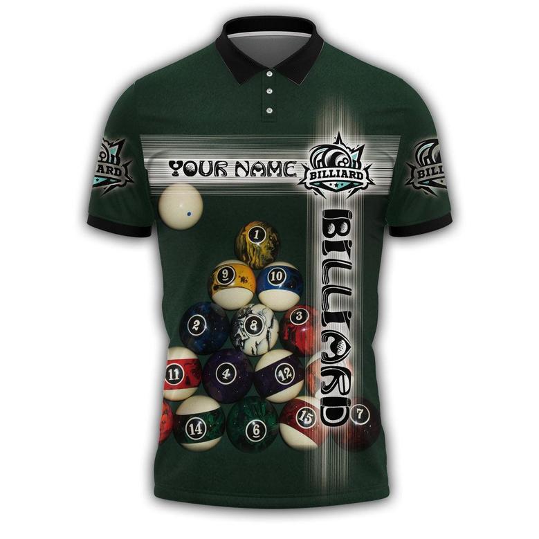 All Over Print Green Custom Name Billiard Unisex Polo Shirt, Cool Gift For Pool Player