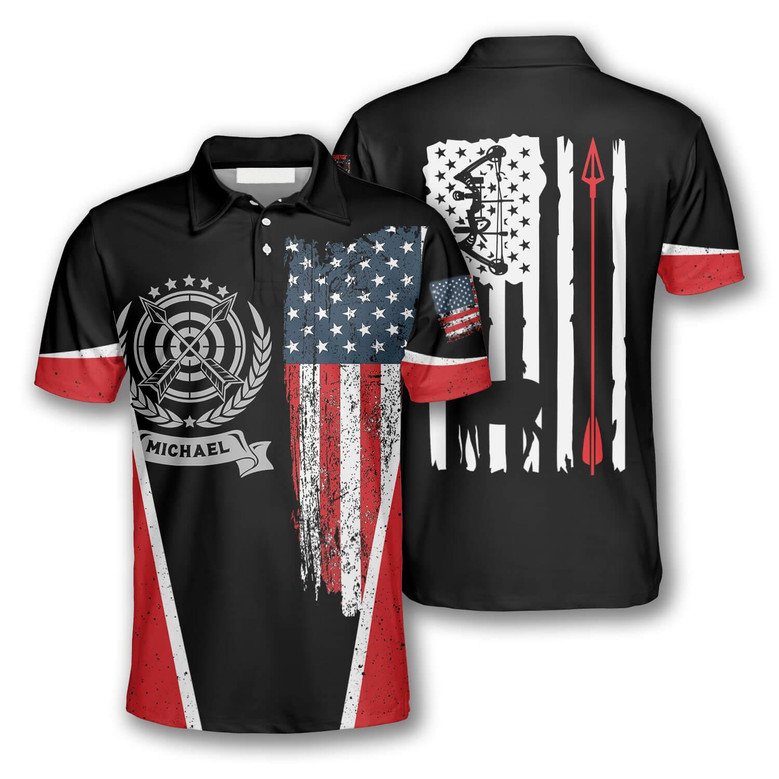 Archery Crown Emblem American Flag Custom Archery Shirts For Men, Gift For Archery Lover