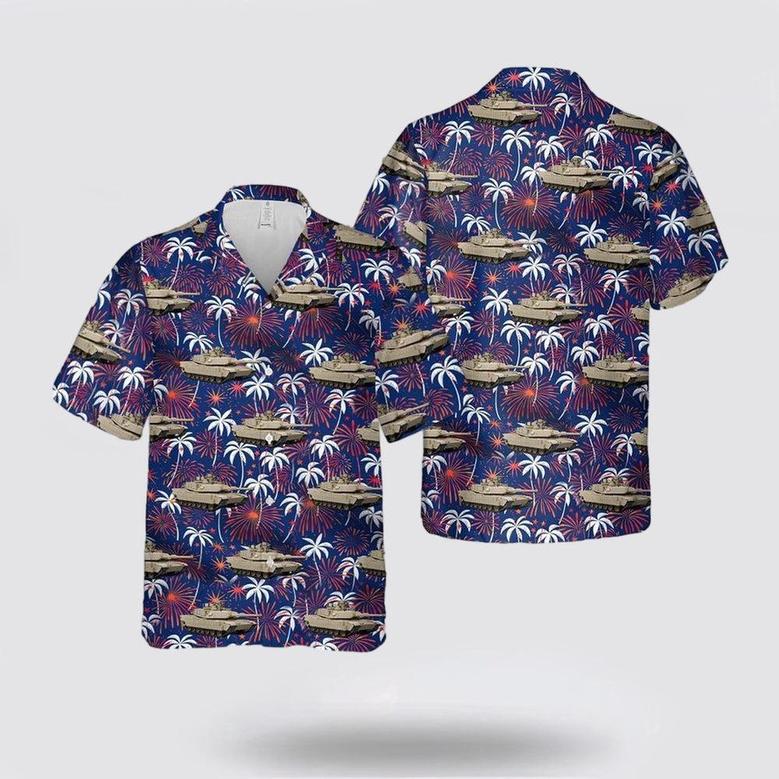 Army Hawaiian Shirt, Us Army Abrams Tank Fireworks With Palm Trees Hawaiian Shirt