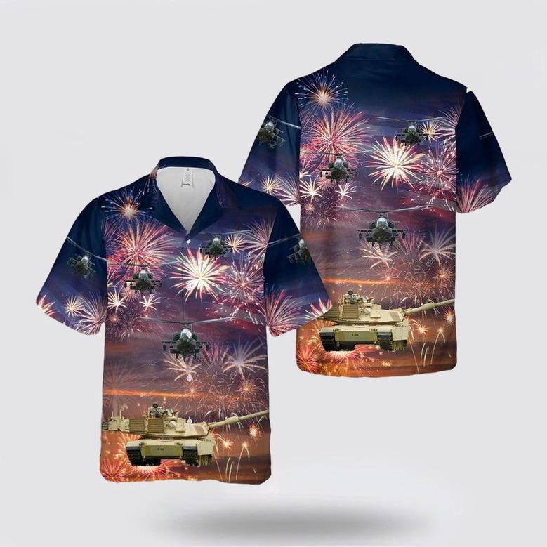 Army Hawaiian Shirt, Us Army Abrams Main Battle Tank And A Attack Helicopter Firework Hawaiian Shirt