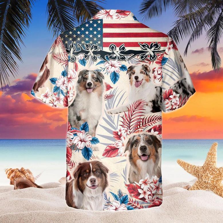 Australian Shepherd Dog United States Flag Hawaiian Flowers All Over Printed Hawaiian Shirt, Farm Hawaiian Shirt, Farmer Hawaii