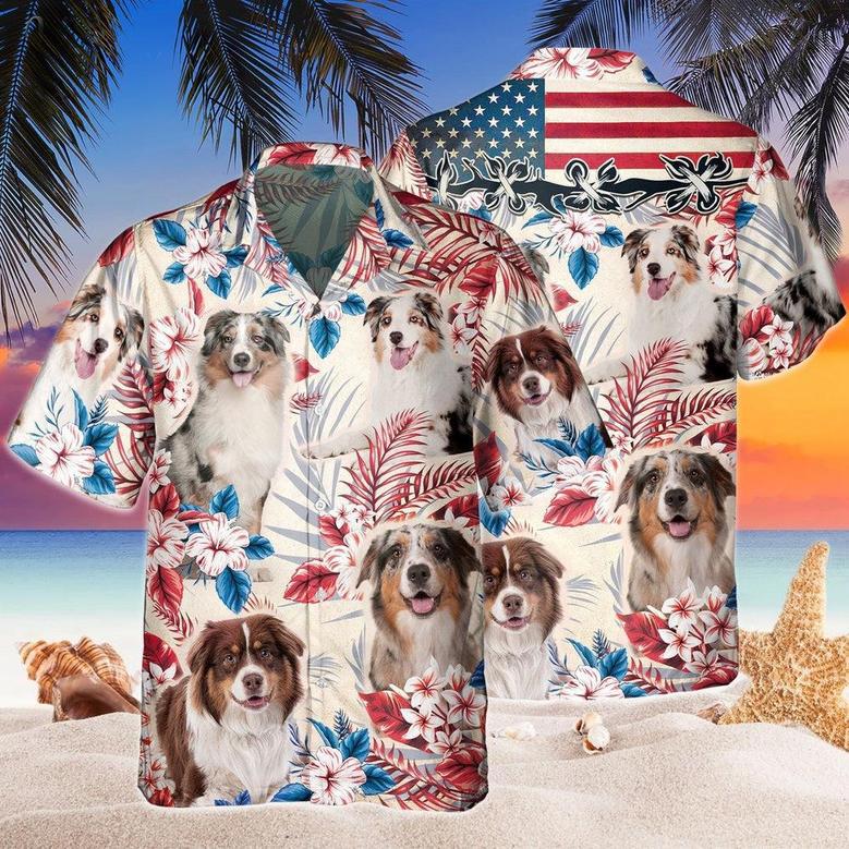 Australian Shepherd Dog United States Flag Hawaiian Flowers All Over Printed Hawaiian Shirt, Farm Hawaiian Shirt, Farmer Hawaii