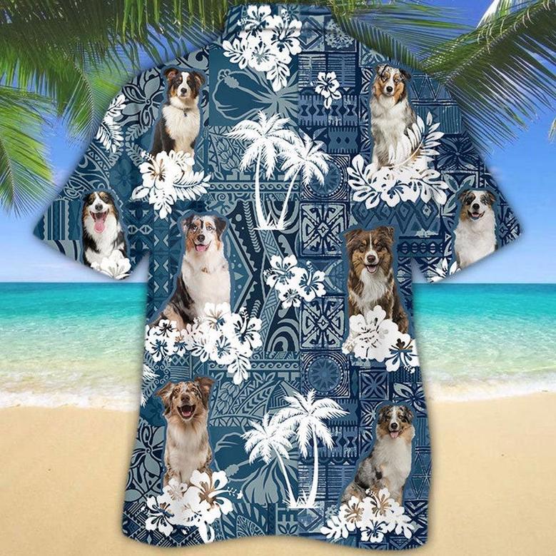 Australian Shepherd Hawaiian Tropical Plants Pattern Blue And White All Over Printed Hawaiian Shirt, Farm Hawaiian Shirt, Farmer Hawaii