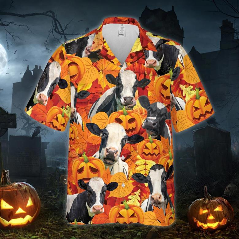 Autumn Leaf Holstein Cattle Pumpkin Hawaiian Shirt Short Sleeve