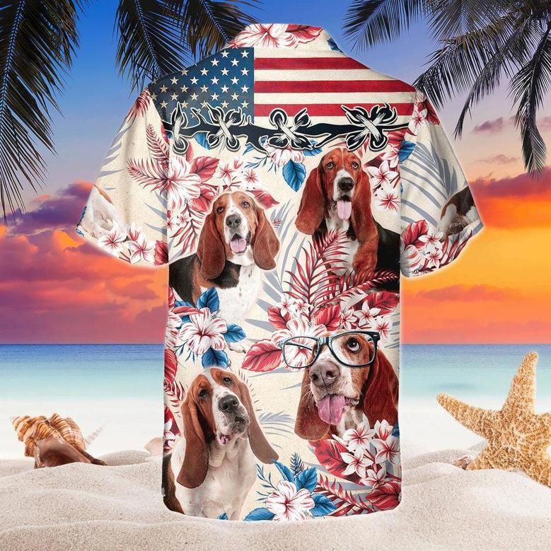 Basset Hound Dog United States Flag Hawaiian Flowers All Over Printed Hawaiian Shirt, Farm Hawaiian Shirt, Farmer Hawaii