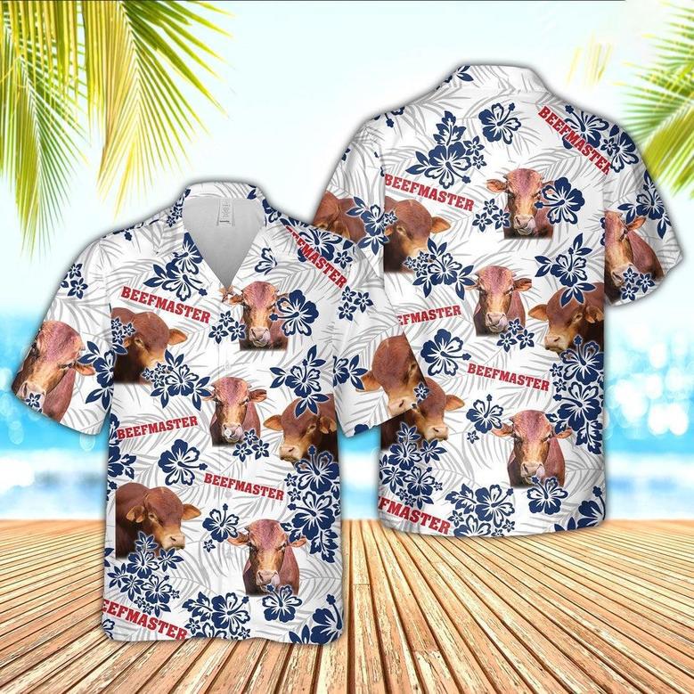 Beefmaster American White Flowers Pattern Hawaiian Shirt, Farm Hawaiian Shirt, Farmer Hawaii