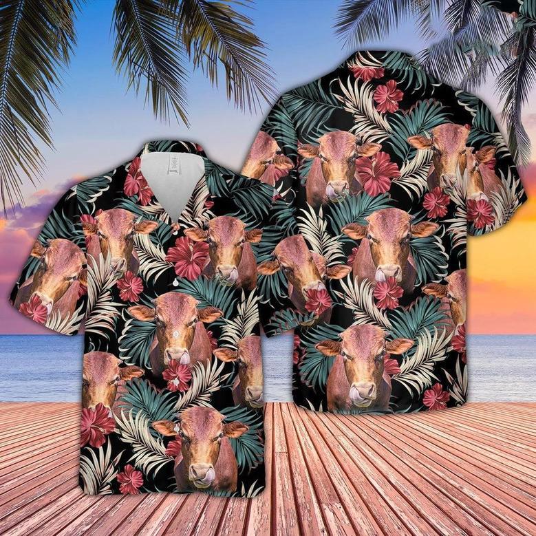 Beefmaster Dark Red Flowers Pattern Hawaiian Shirt, Farm Hawaiian Shirt, Farmer Hawaii