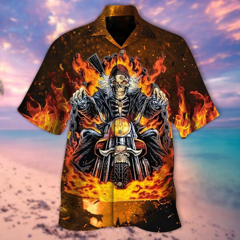 Biker Skull On Fire Hawaiian Shirt, Best Gift For Skull Lovers