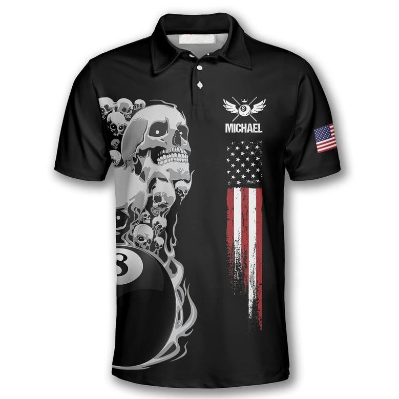 Billiards Skull American Flag Patriotic Custom Billiard Shirts For Men, Flag Shirt, Billiard Polo Shirt