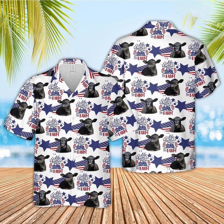 Black Angus American Flag Pattern Hawaiian Shirt, Farm Hawaiian Shirt, Farmer Hawaii