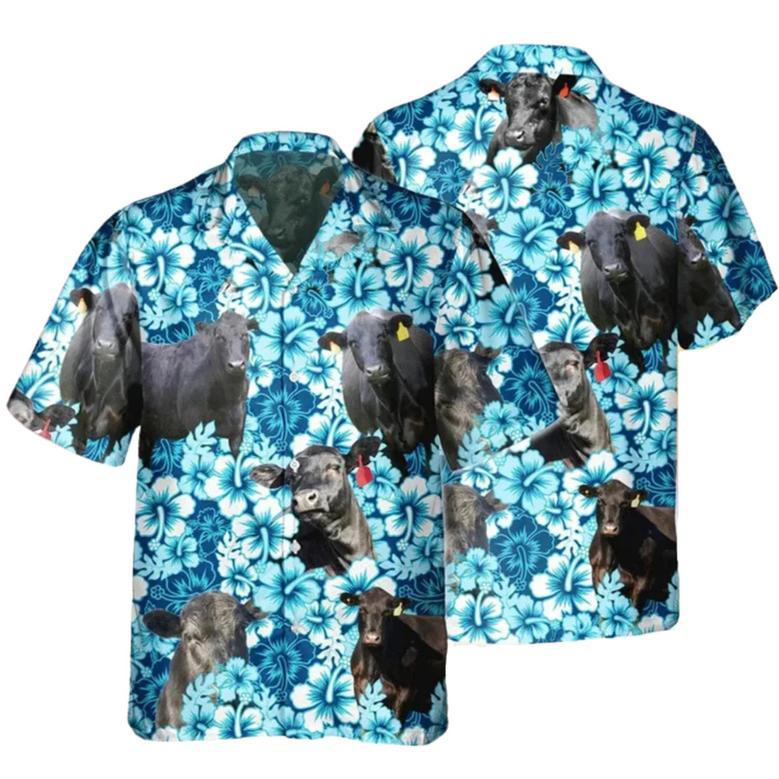 Black Angus Blue Hibiscus Flower Hawaiian Shirt, Angus Hawaiian Shirts