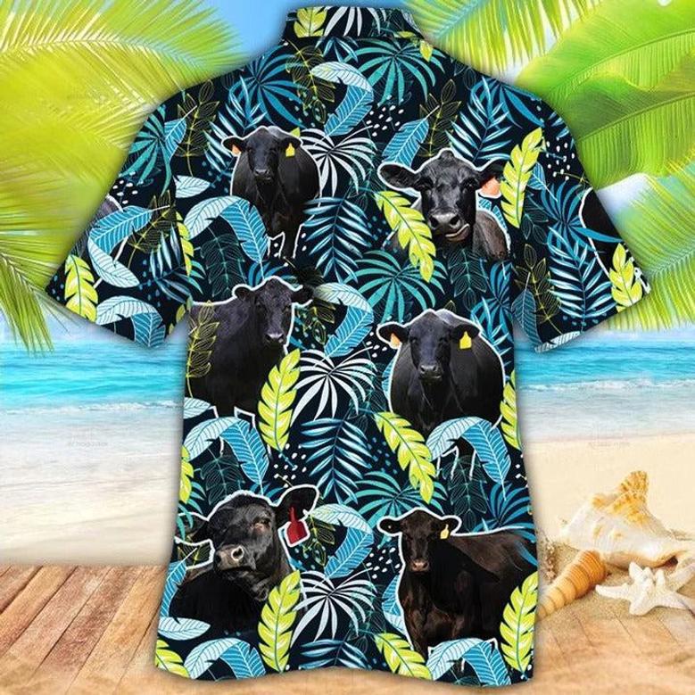 Black Angus Cattle Lovers Jungle Leaves Hawaiian Shirt, Unisex Print Aloha Short Sleeve Casual Shirt