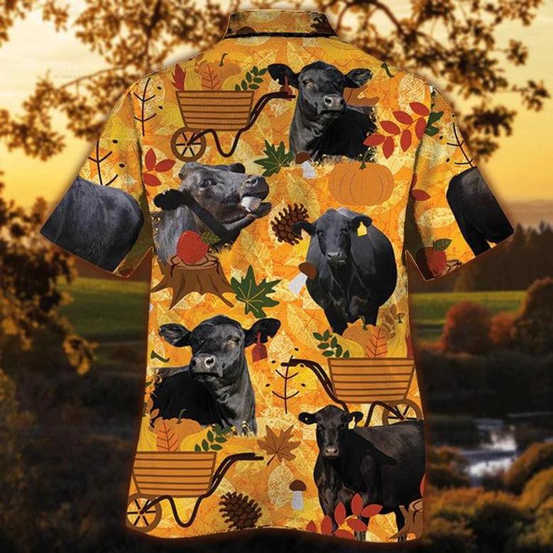 Black Angus Cattle Lovers Orange Nature Autumn Hawaiian Shirt, Unisex Print Aloha Short Sleeve Casual Shirt