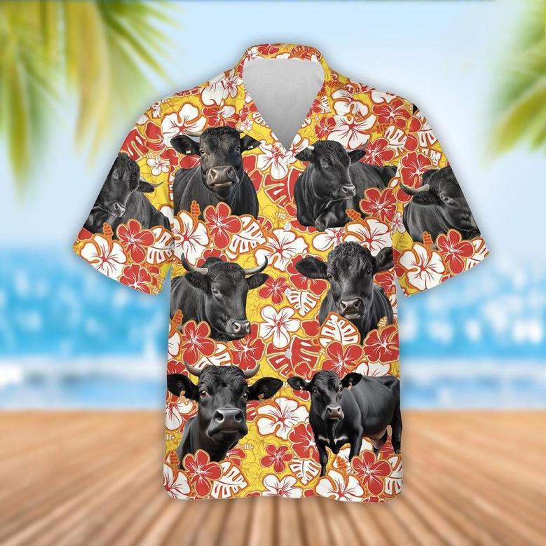 Black Angus Cattle Orange Flower Pattern Hawaiian Shirt, Farm Hawaiian Shirt, Farmer Hawaii