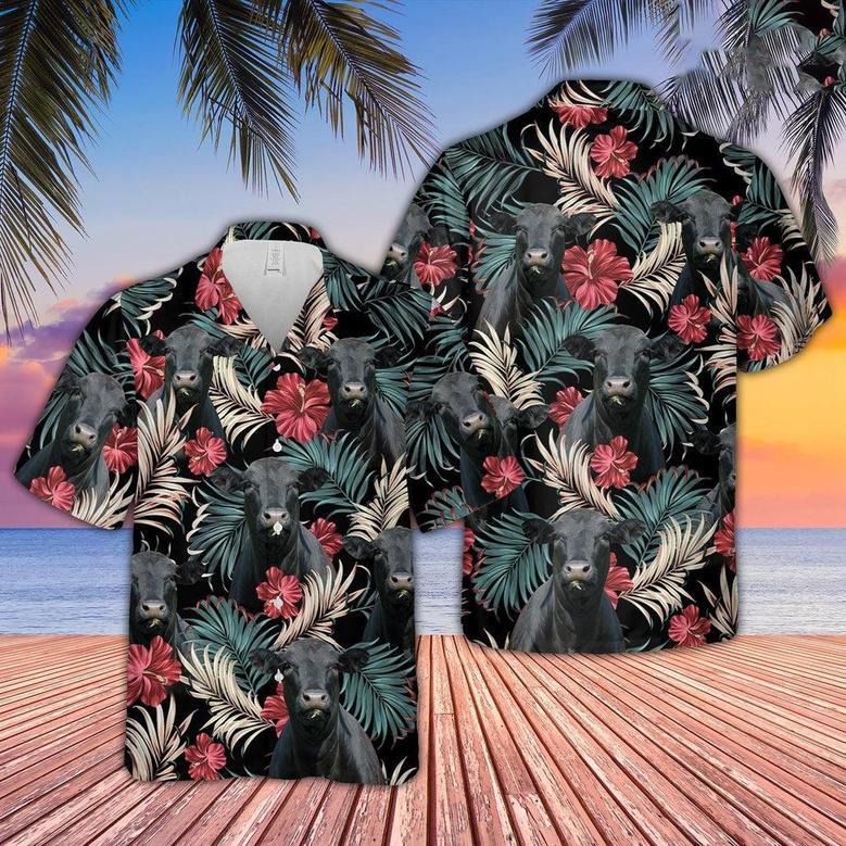 Black Angus Dark Red Flowers Pattern Hawaiian Shirt, Farm Hawaiian Shirt, Farmer Hawaii