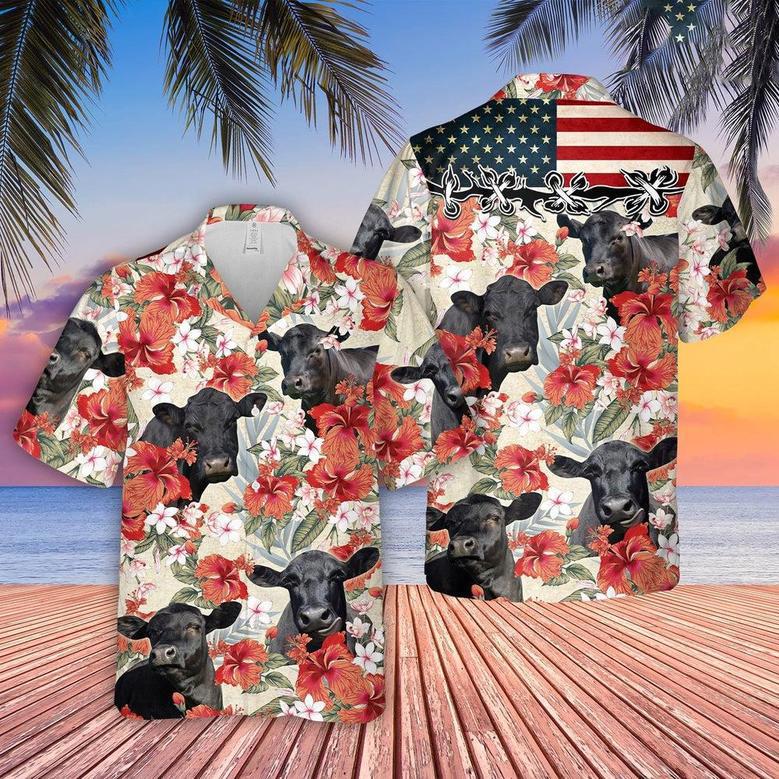 Black Angus Hibicus Floral Us Flag Hawaiian Shirt, Farm Hawaiian Shirt, Farmer Hawaii