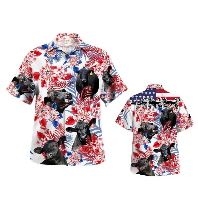 Black Angus In American Flag Pattern Hawaiian Shirt, Black Angus Hawaiian Shirt, Black Bull Hawaiian Shirt