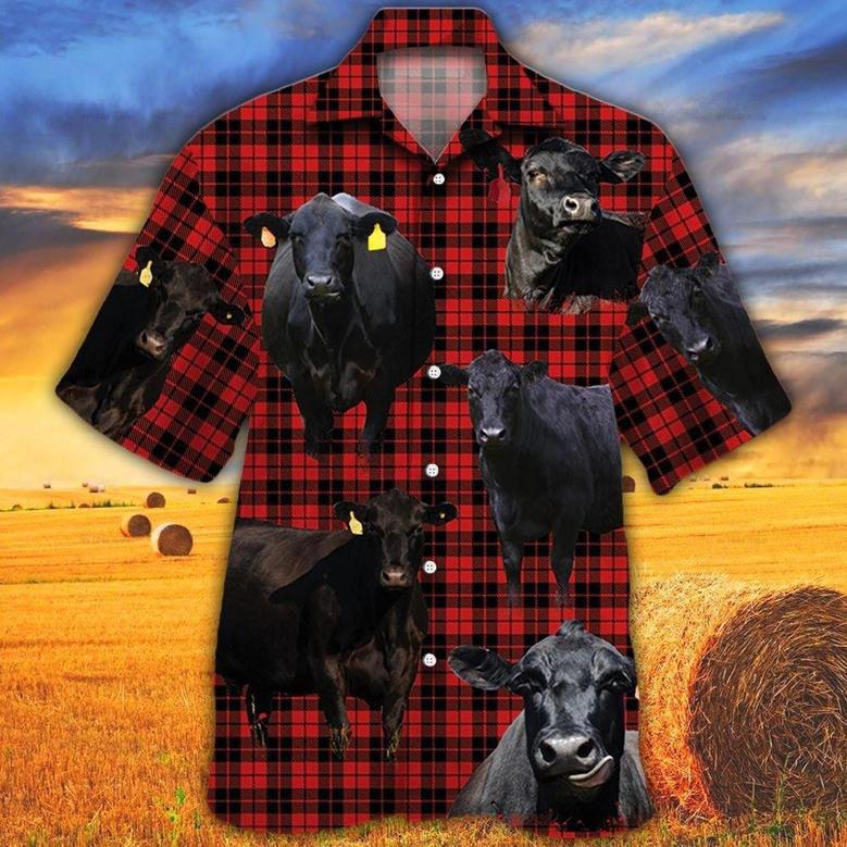 Black Angus Red Tartan Pattern All Over Printed Hawaiian Shirt, Farm Hawaiian Shirt, Farmer Hawaii