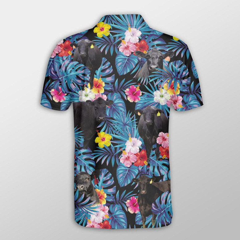 Polo Cow Pattern Black Angus Tropical Flowers Leaves Pattern Button Polo Shirt, Cow Polo ...