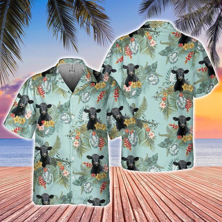 Black Angus Tropical Flowers Pattern Hawaiian Shirt, Farm Hawaiian Shirt, Farmer Hawaii