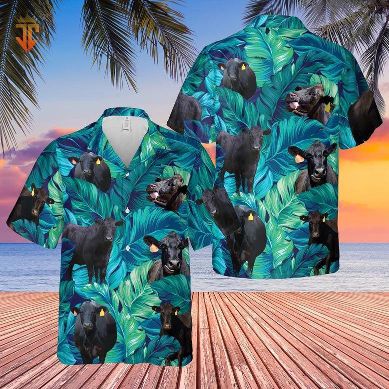 Black Angus Tropical Hawaiian Palm Leaves All Over Printed Hawaiian Shirt, Farm Hawaiian Shirt, Farmer Hawaii