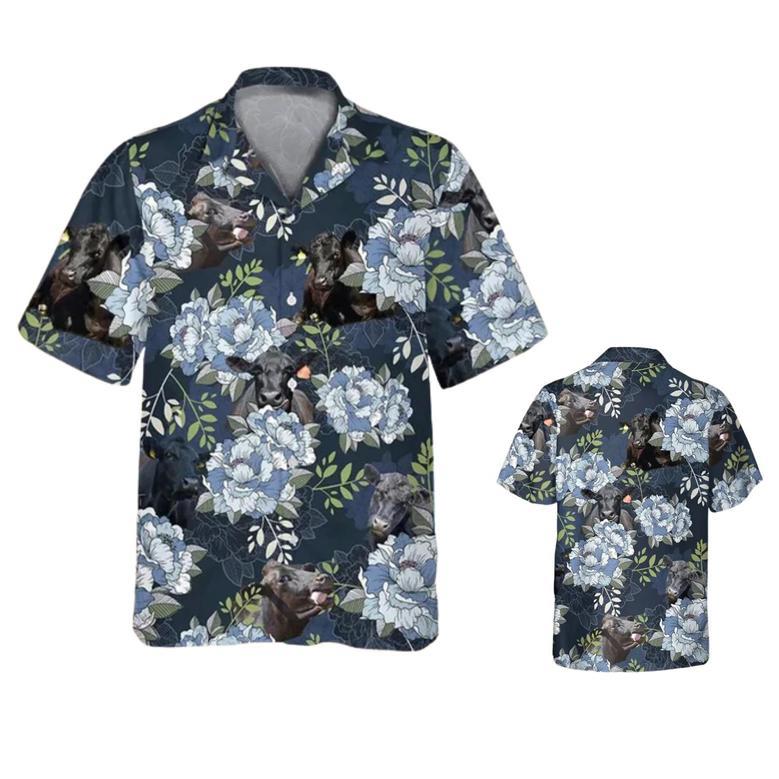 Black Bull Hawaiian Shirt, Black Angus Blue Peony Floral Hawaiian Shirt, Bull Hawaii Aloha Shirt