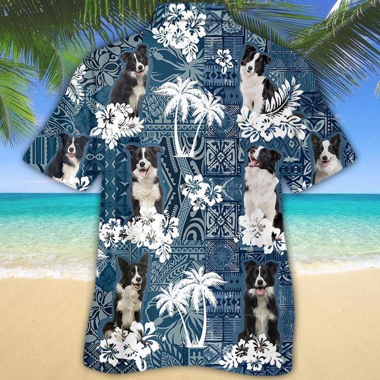 Border Collie Hawaiian Tropical Plants Pattern Blue And White All Over Printed Hawaiian Shirt, Farm Hawaiian Shirt, Farmer Hawaii