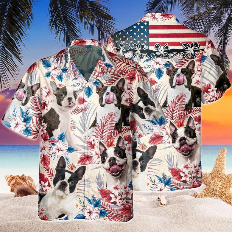 Boston Terrier Dog United States Flag Hawaiian Flowers All Over Printed Hawaiian Shirt, Farm Hawaiian Shirt, Farmer Hawaii