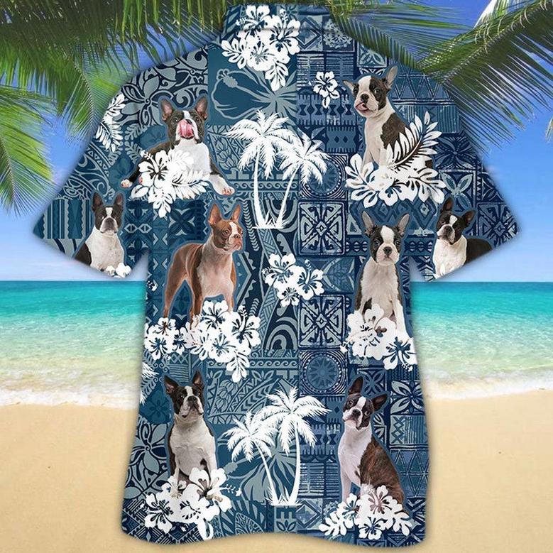 Boston Terrier Hawaiian Tropical Plants Pattern Blue And White All Over Printed Hawaiian Shirt, Farm Hawaiian Shirt, Farmer Hawaii