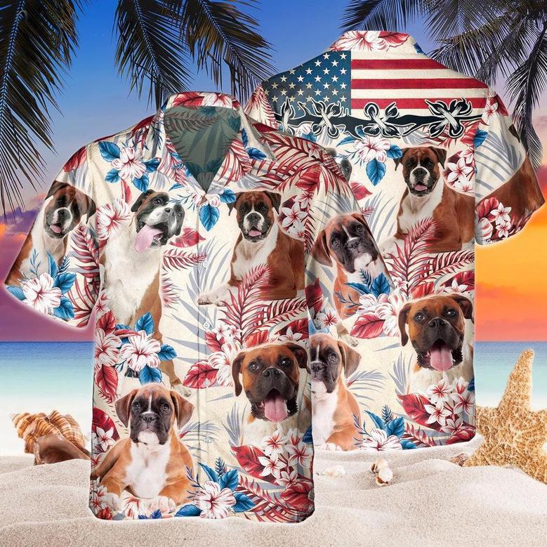 Boxer Dog United States Flag Hawaiian Flowers All Over Printed Hawaiian Shirt, Farm Hawaiian Shirt, Farmer Hawaii