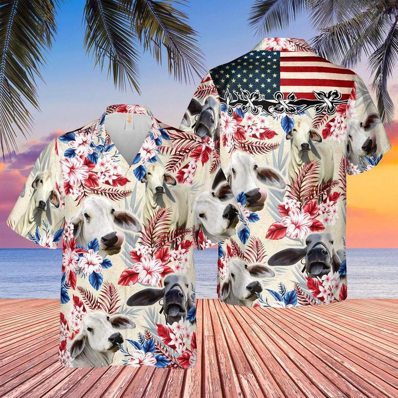 Brahman Cattle American Flag Hawaiian Flowers All Over Printed Hawaiian Shirt, Farm Hawaiian Shirt, Farmer Hawaii