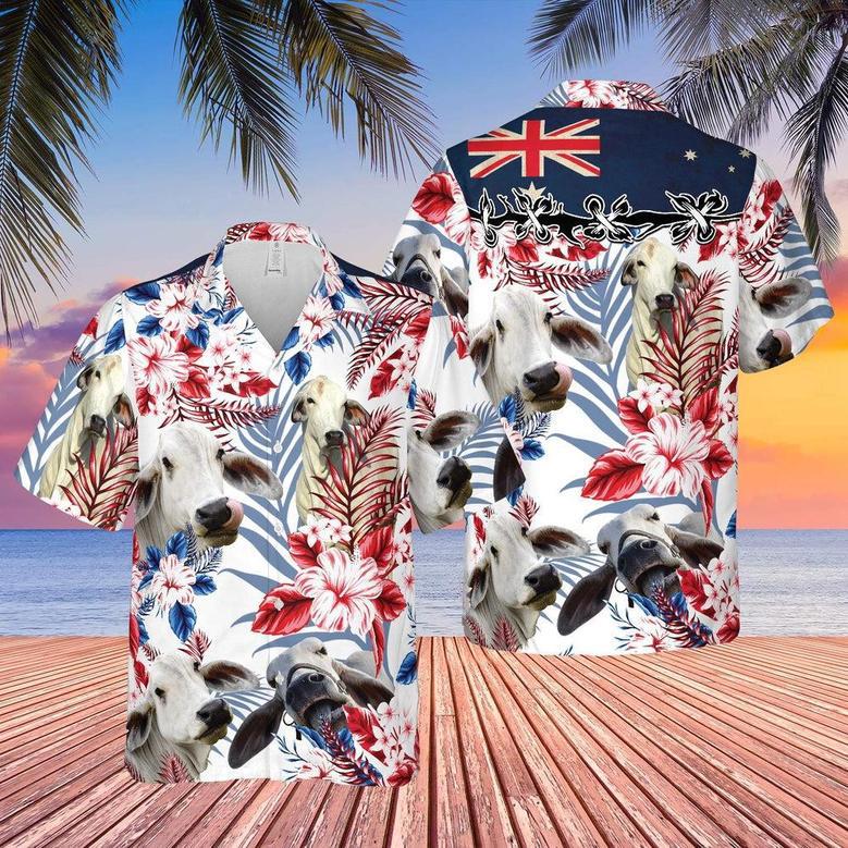 Brahman Cattle Australia Flag Hawaiian Flowers All Over Printed Hawaiian Shirt, Farm Hawaiian Shirt, Farmer Hawaii