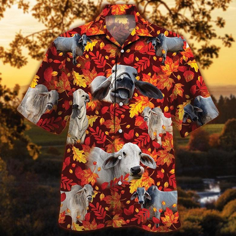 Brahman Cattle Autumn Leaves All Over Printed Hawaiian Shirt, Farm Hawaiian Shirt, Farmer Hawaii