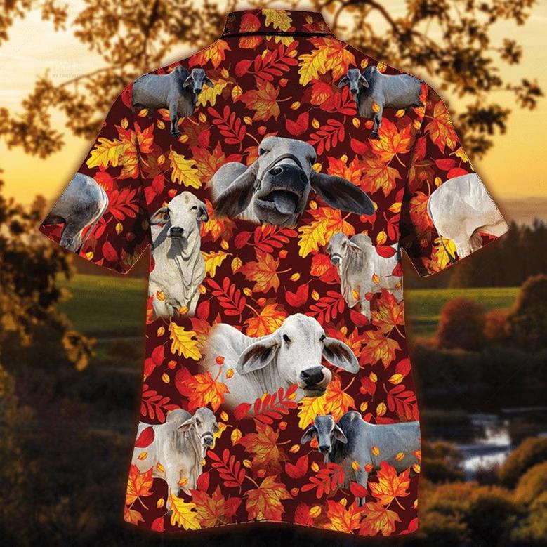 Brahman Cattle Autumn Leaves All Over Printed Hawaiian Shirt, Farm Hawaiian Shirt, Farmer Hawaii