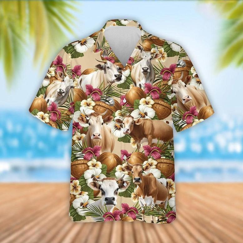 Brahman Cattle Coconut Tropical Flowers Hawaiian Shirt, Farm Hawaiian Shirt, Farmer Hawaii