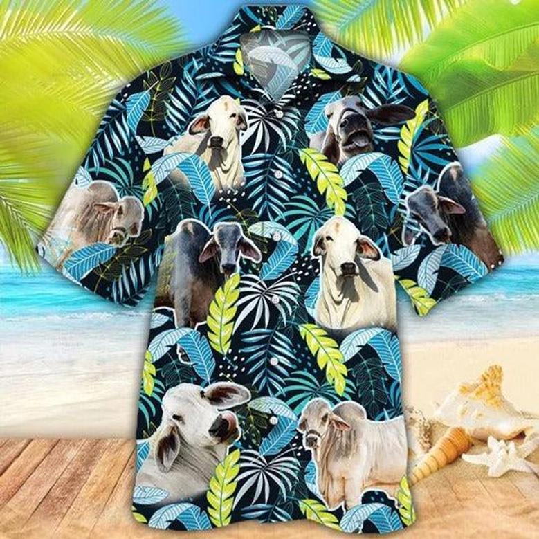 Brahman Cattle Lovers Jungle Leaves Hawaiian Shirt, Unisex Print Aloha Short Sleeve Casual Shirt