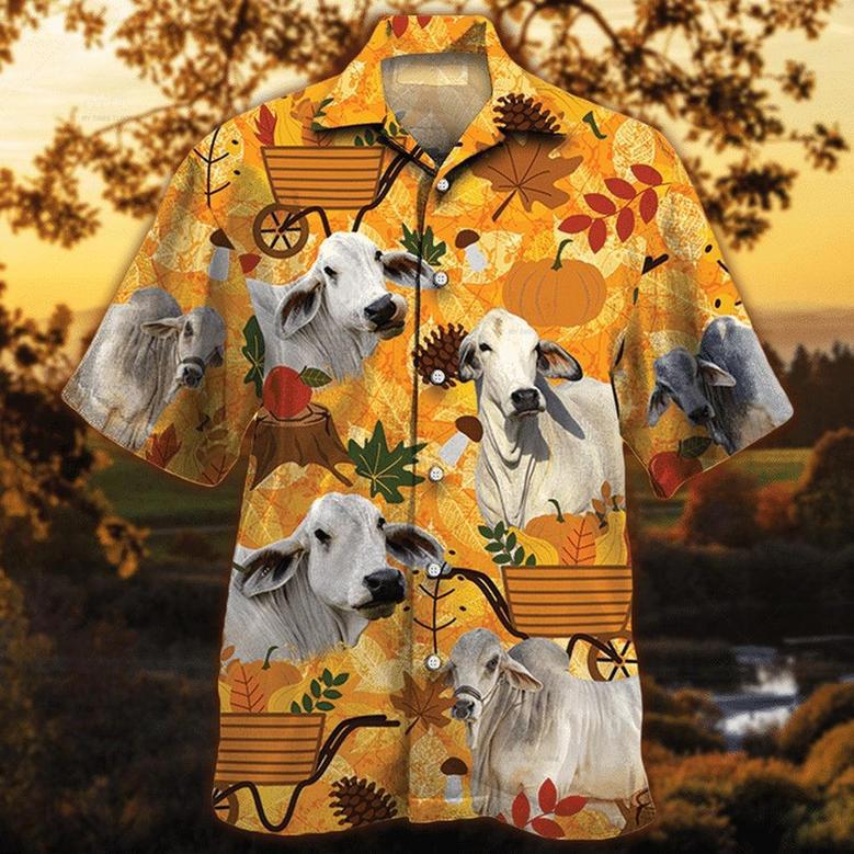 Brahman Cattle Lovers Orange Nature Autumn Hawaiian Shirt, Farm Hawaiian Shirt, Farmer Hawaii