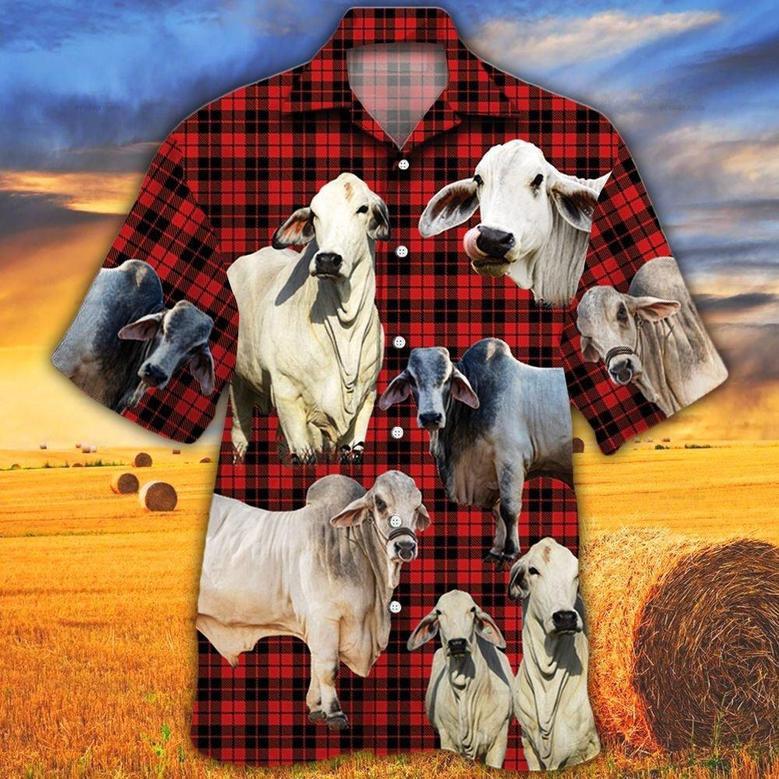 Brahman Cattle Red Tartan Pattern All Over Printed Hawaiian Shirt, Farm Hawaiian Shirt, Farmer Hawaii