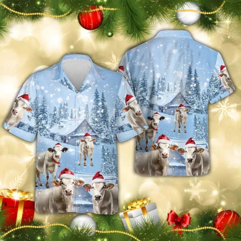 Brahman Cow Snowy Christmas Hawaiian Beach Shirts, Xmas Hawaiian Shirts