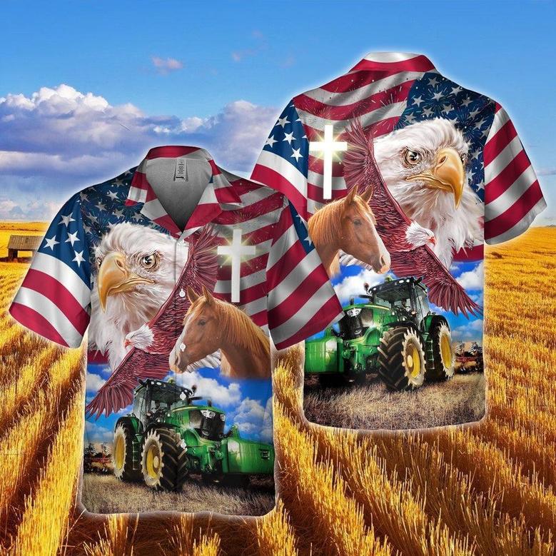 Brown Horse With Eagles And Tractor Hawaiian Shirt, Farm Hawaiian Shirt, Farmer Hawaii