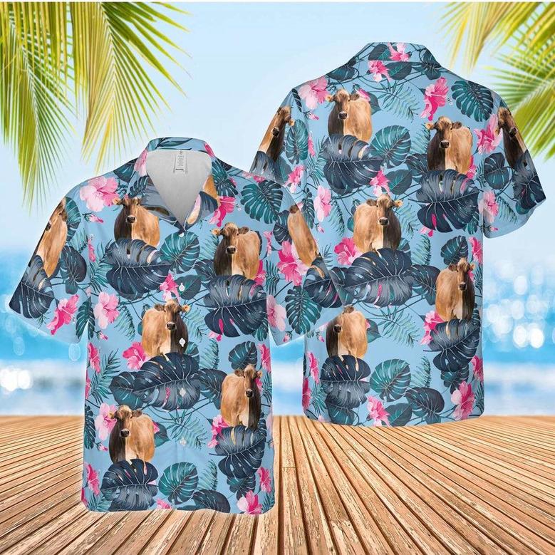 Brown Swiss Blue Hibiscus Hawaiian Shirt, Farm Hawaiian Shirt, Farmer Hawaii