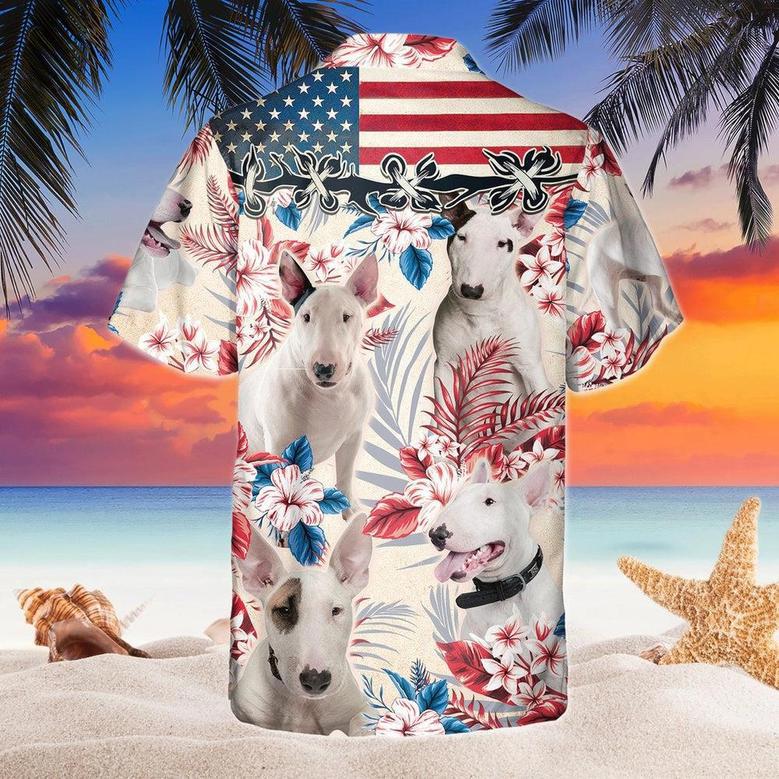 Bull Terrier Dog United States Flag Hawaiian Flowers All Over Printed Hawaiian Shirt, Farm Hawaiian Shirt, Farmer Hawaii