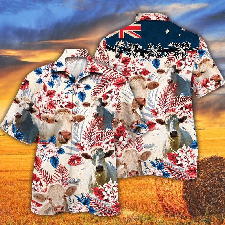 Charolais Cattle Australian Flag Hawaiian Flowers All Over Printed Hawaiian Shirt, Farm Hawaiian Shirt, Farmer Hawaii