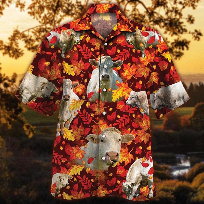 Charolais Cattle Autumn Leaves All Over Printed Hawaiian Shirt, Farm Hawaiian Shirt, Farmer Hawaii