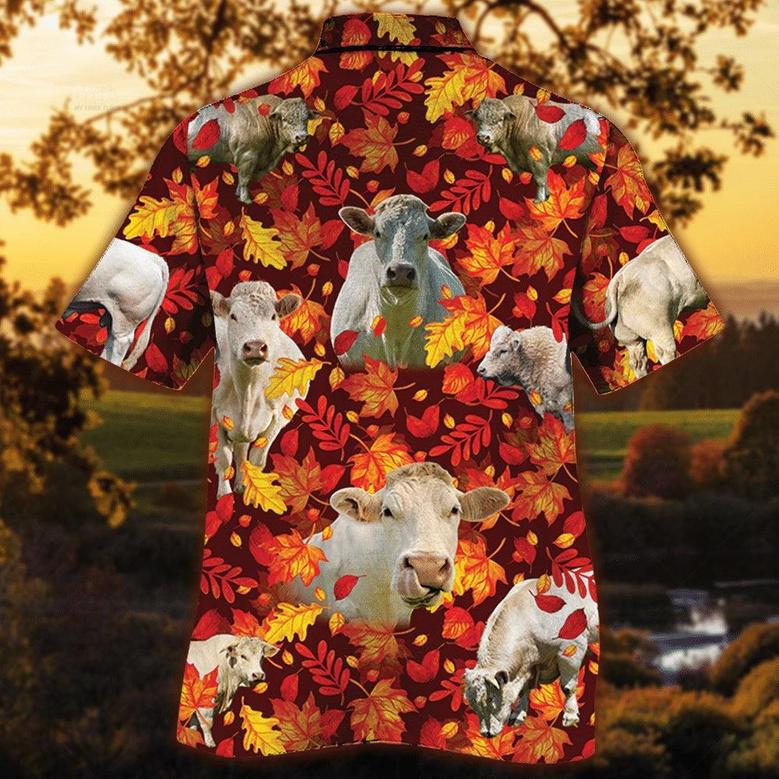 Charolais Cattle Autumn Leaves All Over Printed Hawaiian Shirt, Farm Hawaiian Shirt, Farmer Hawaii